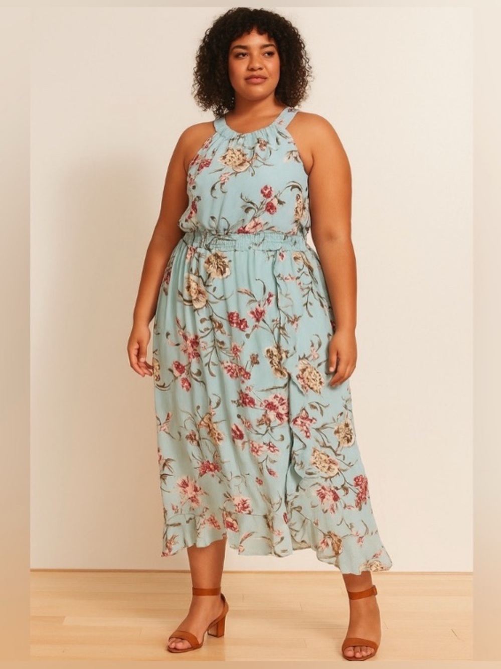 Dress Barn Light Blue Floral Halter Midi Maxi Dress Sleeveless Size 14/16 ruffle